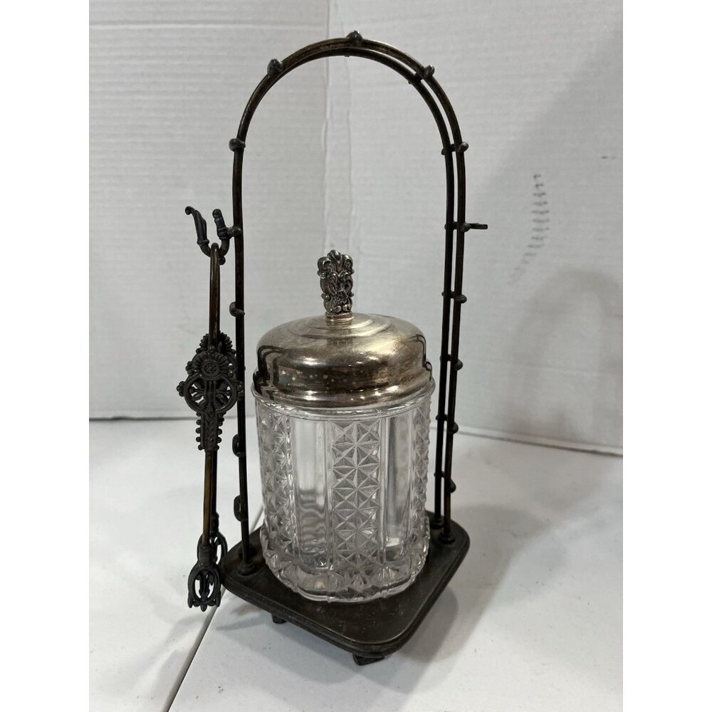 Meridan Silver Plate Co Quadrupleplate Victorian Glass Pickle Castor Jar & Tongs